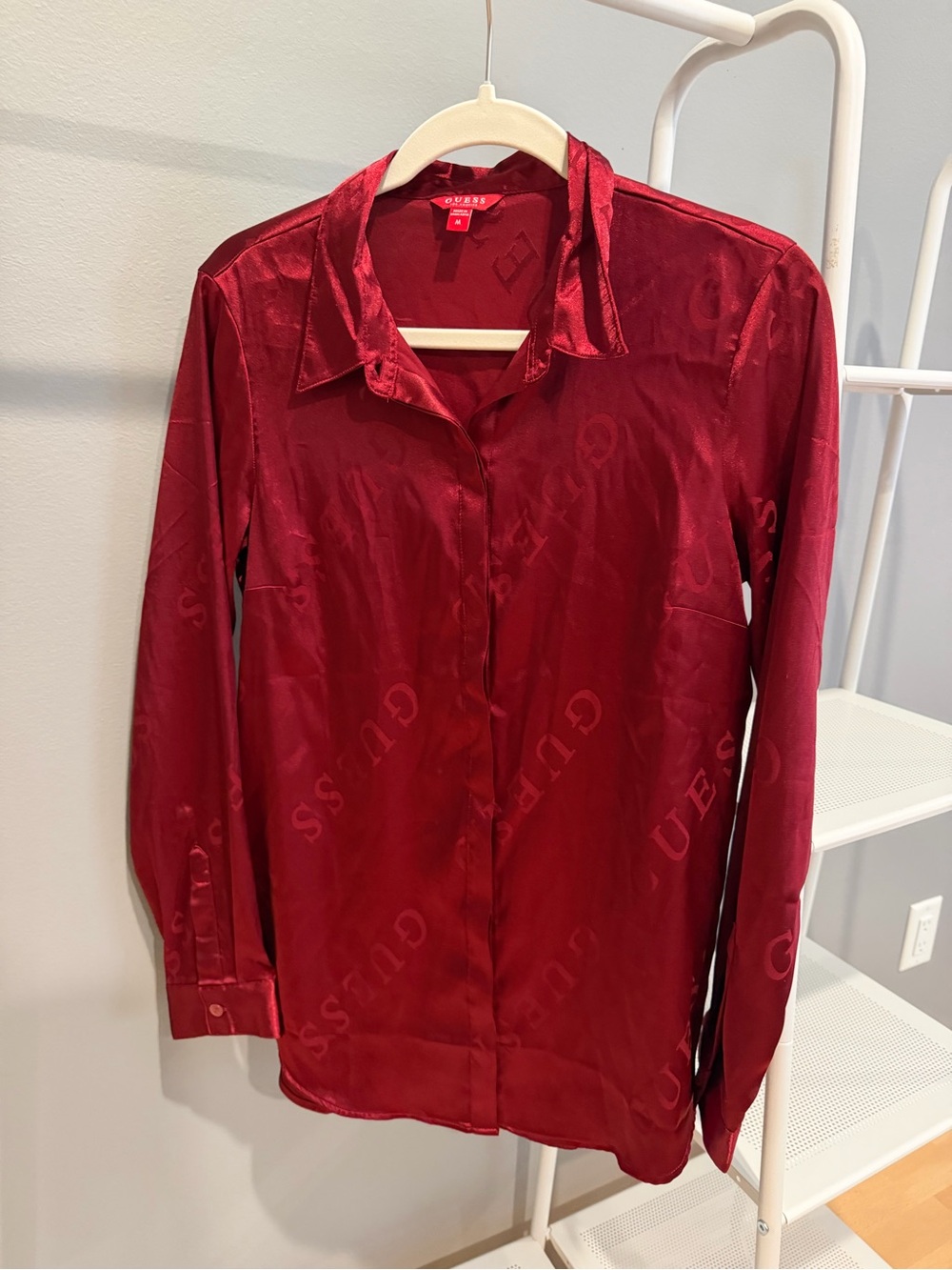 Guess Satin Logo-Pattern Long Sleeve Shirt in Deep Red